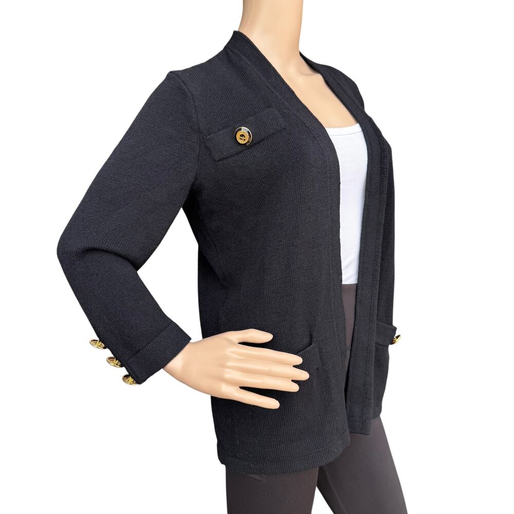 Vintage St John Basics Black Wool Santana Knit Open Cardigan Gold SJ Button S